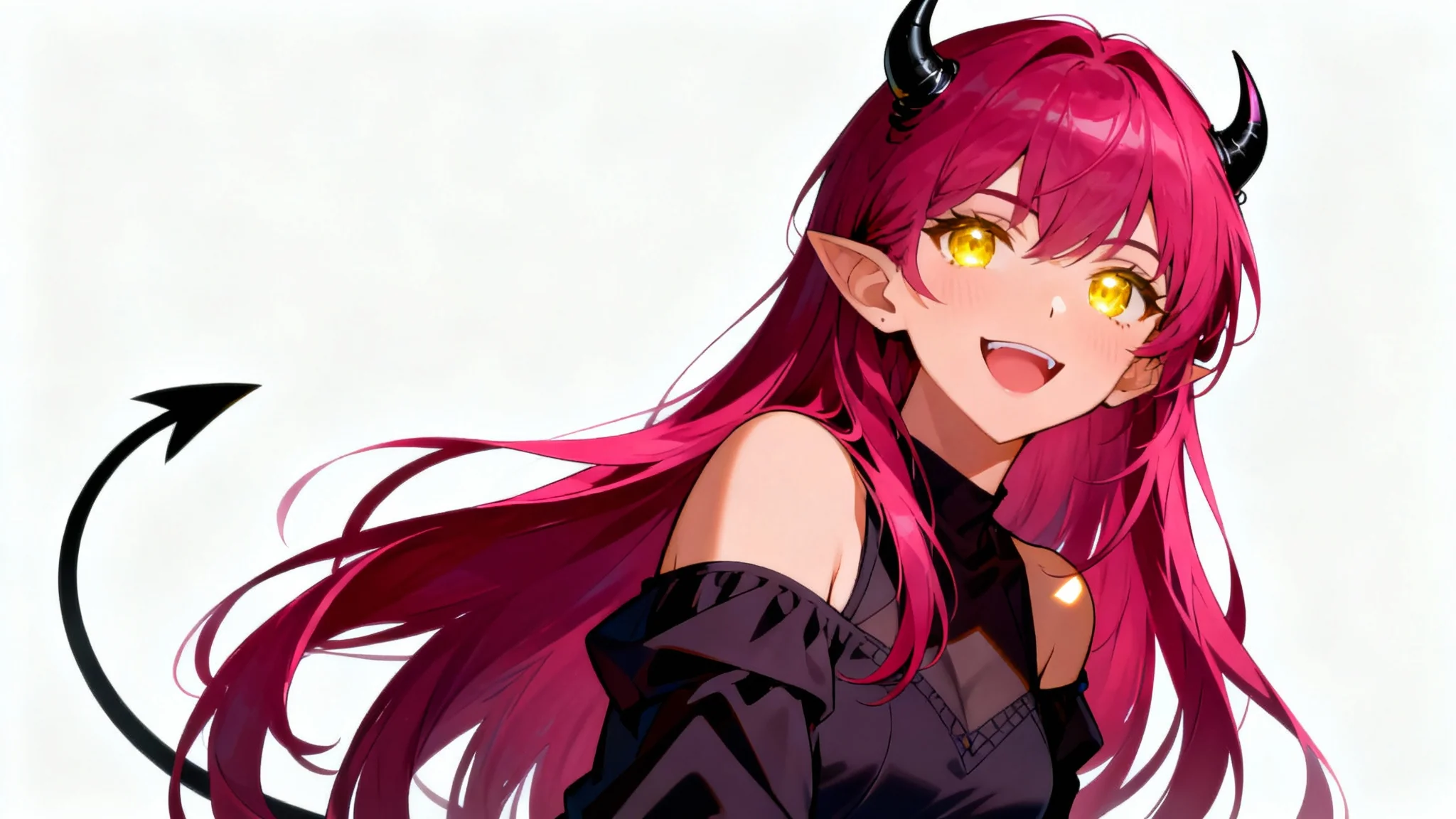 A beautifully rendered anime-style monster girl with long magenta hair, small black horns, and golden eyes, smirking playfully against a solid white background.