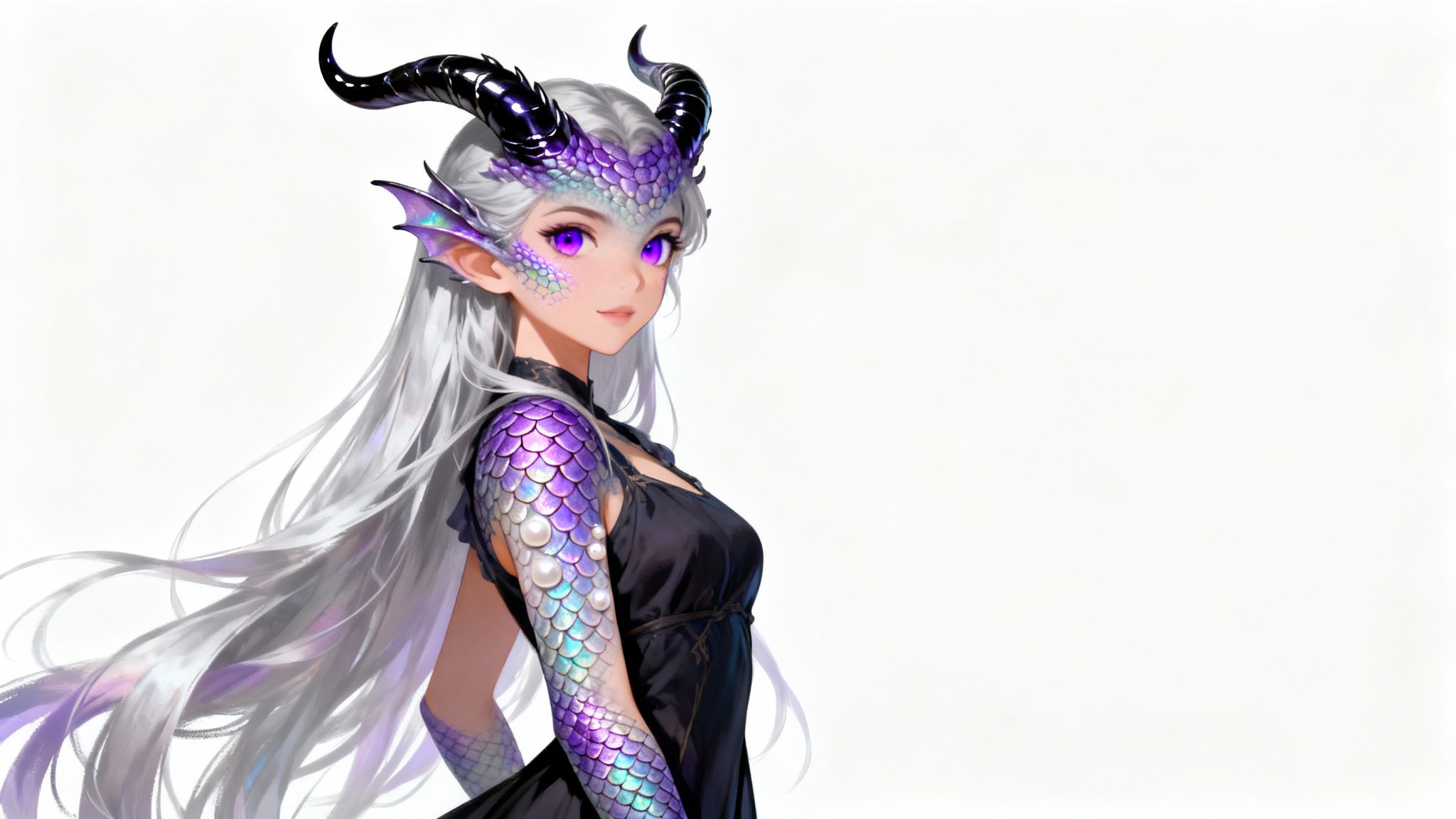 A full-body digital painting of a beautiful monster girl with dragon-like features against a white background. She has silver hair, purple reptilian eyes, and elegant black horns.