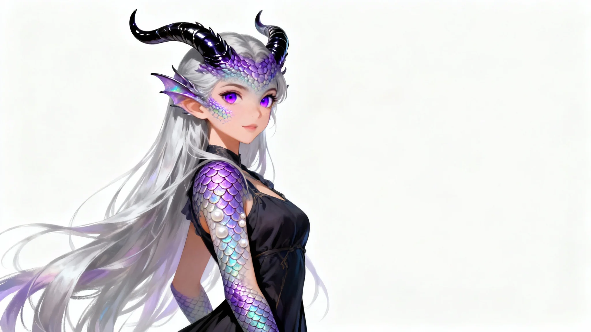 A full-body digital painting of a beautiful monster girl with dragon-like features against a white background. She has silver hair, purple reptilian eyes, and elegant black horns.