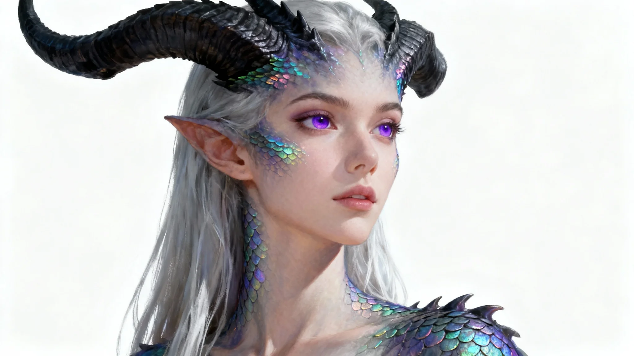 A hyper-detailed digital painting of a beautiful monster girl with draconic horns, iridescent scales, and long silver hair, posing against a plain white background.