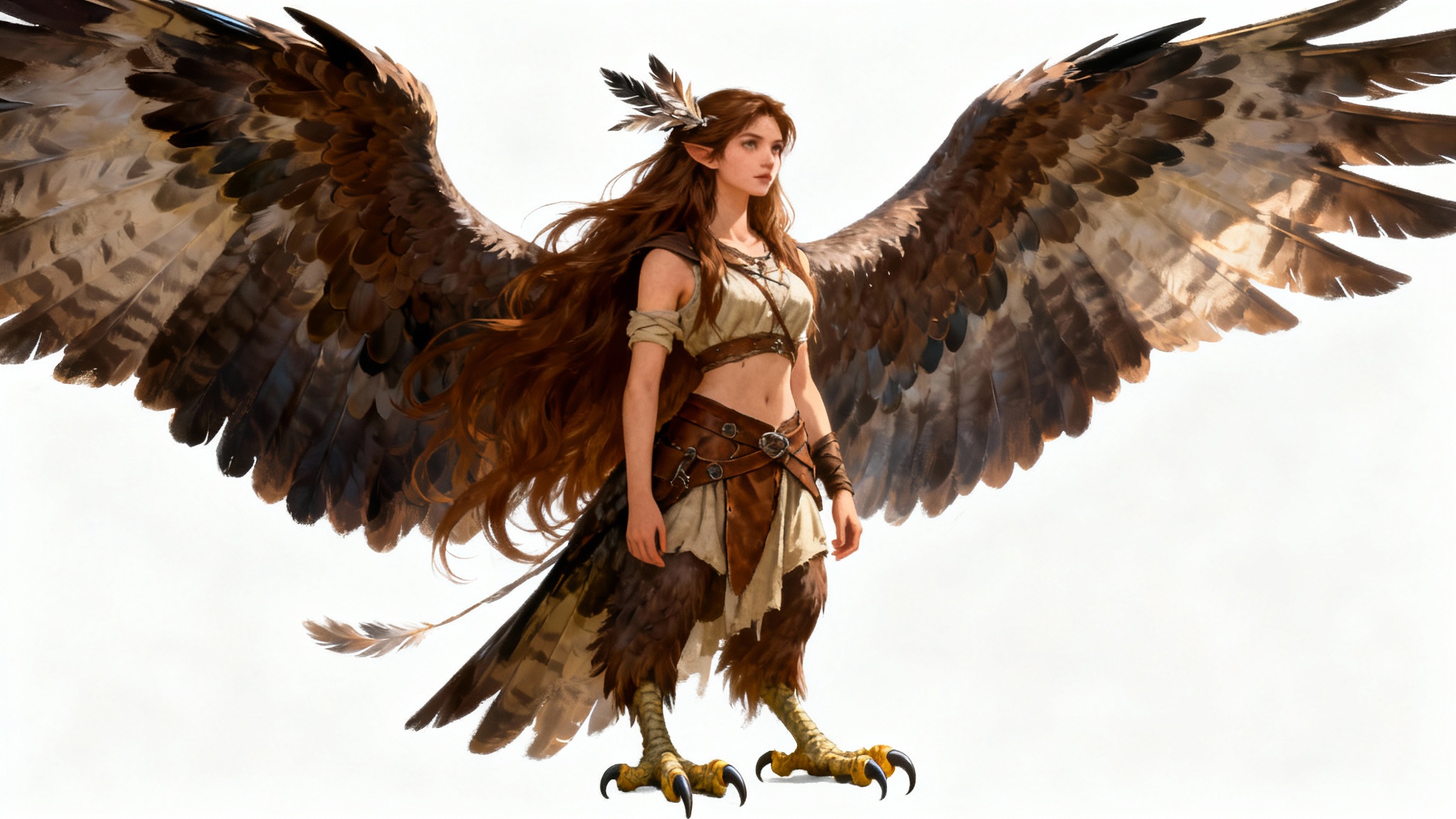 A hyper-detailed digital painting of a beautiful harpy monster girl with large feathered wings and bird-like legs, posing serenely against a solid white background.