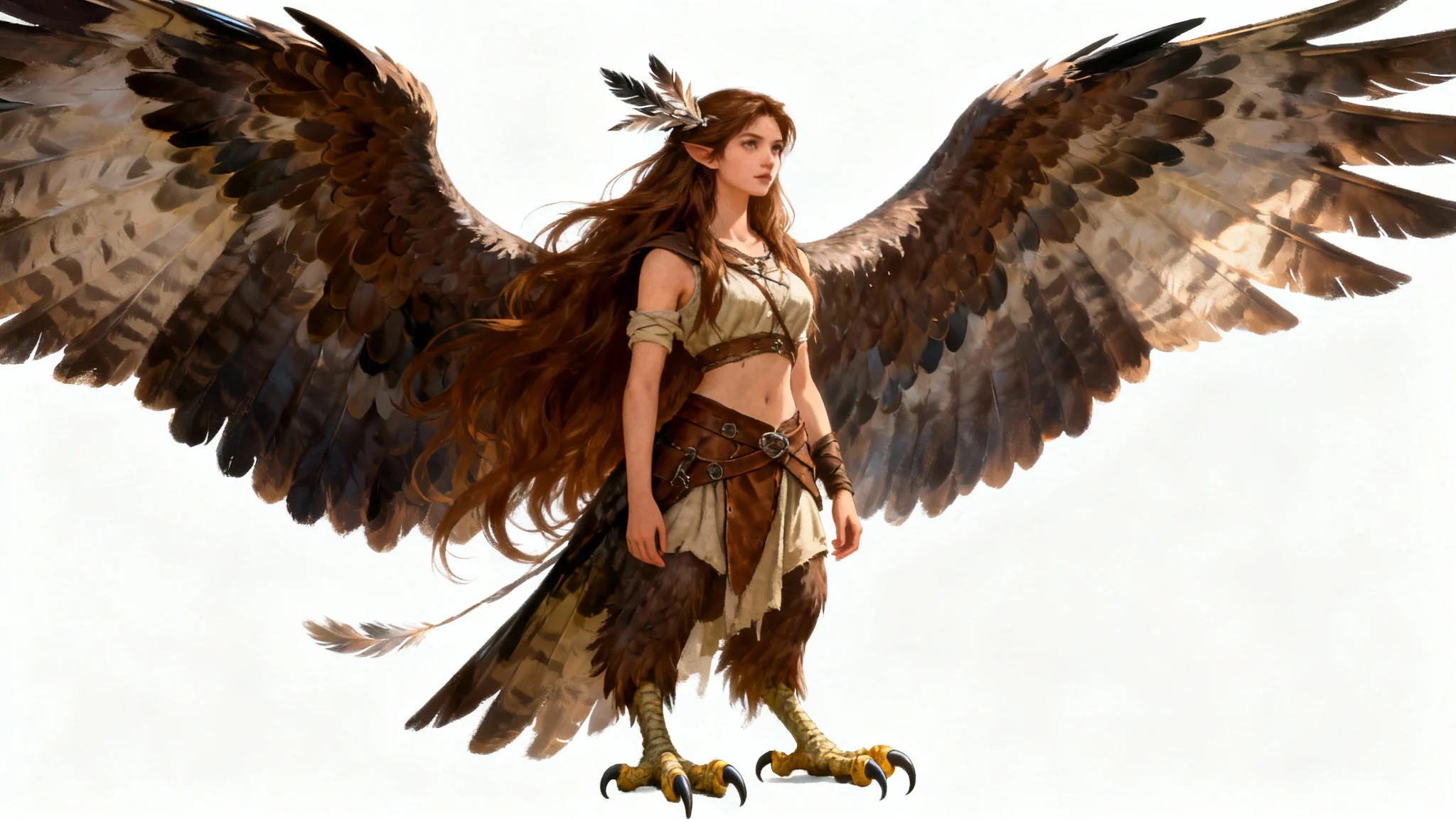 A hyper-detailed digital painting of a beautiful harpy monster girl with large feathered wings and bird-like legs, posing serenely against a solid white background.