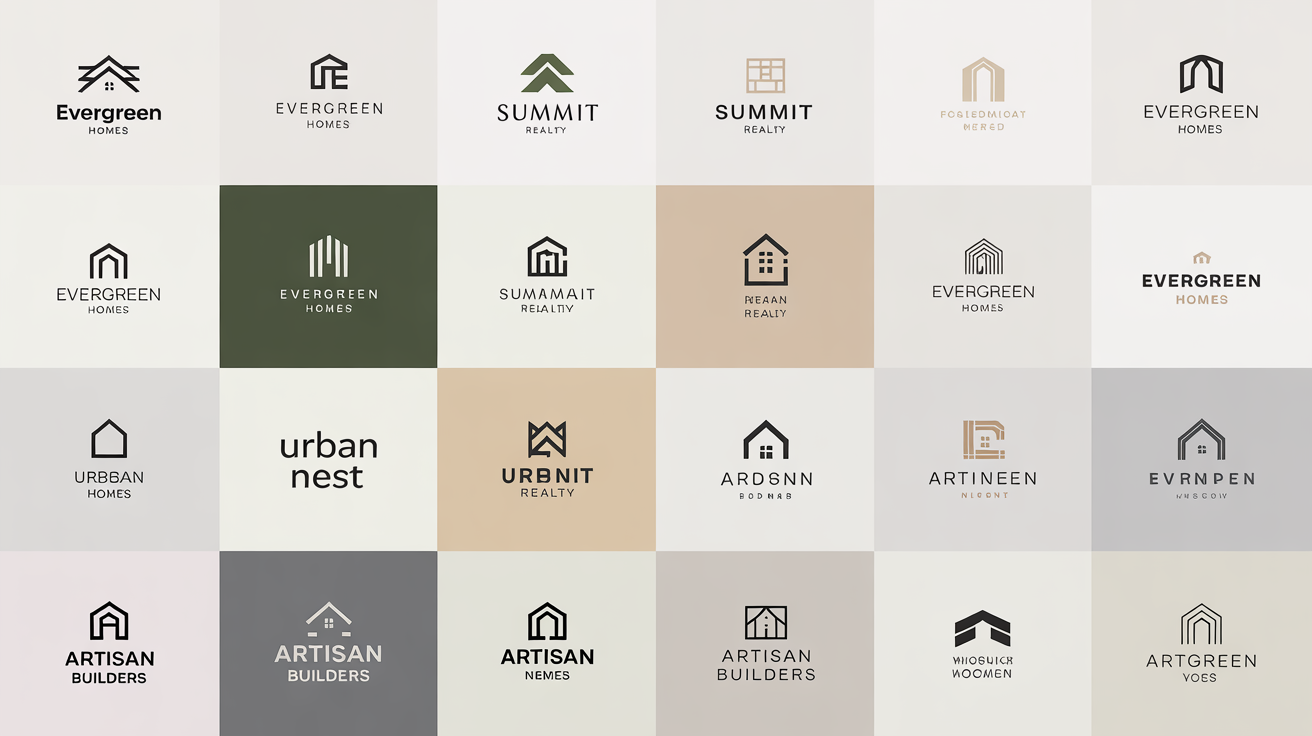 A collection of professionally designed house logos for real estate and construction companies, displayed in a neat grid on a white background.
