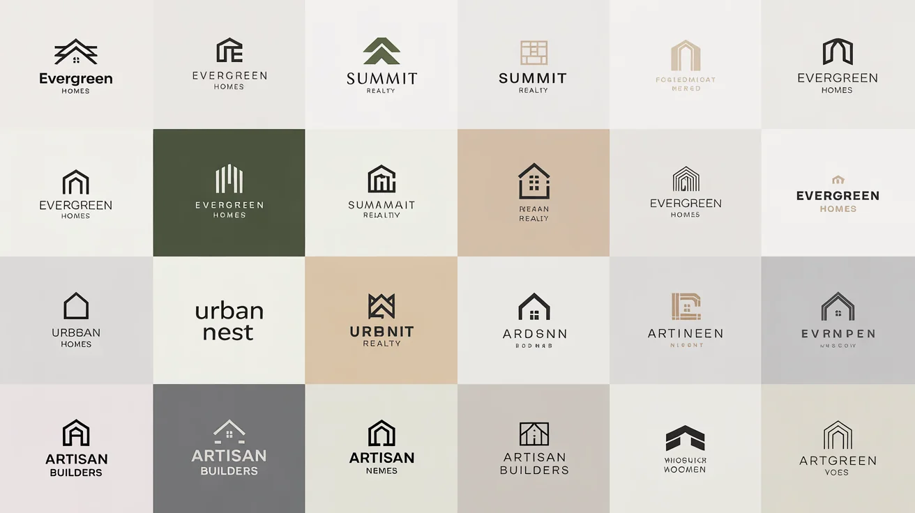 A collection of professionally designed house logos for real estate and construction companies, displayed in a neat grid on a white background.
