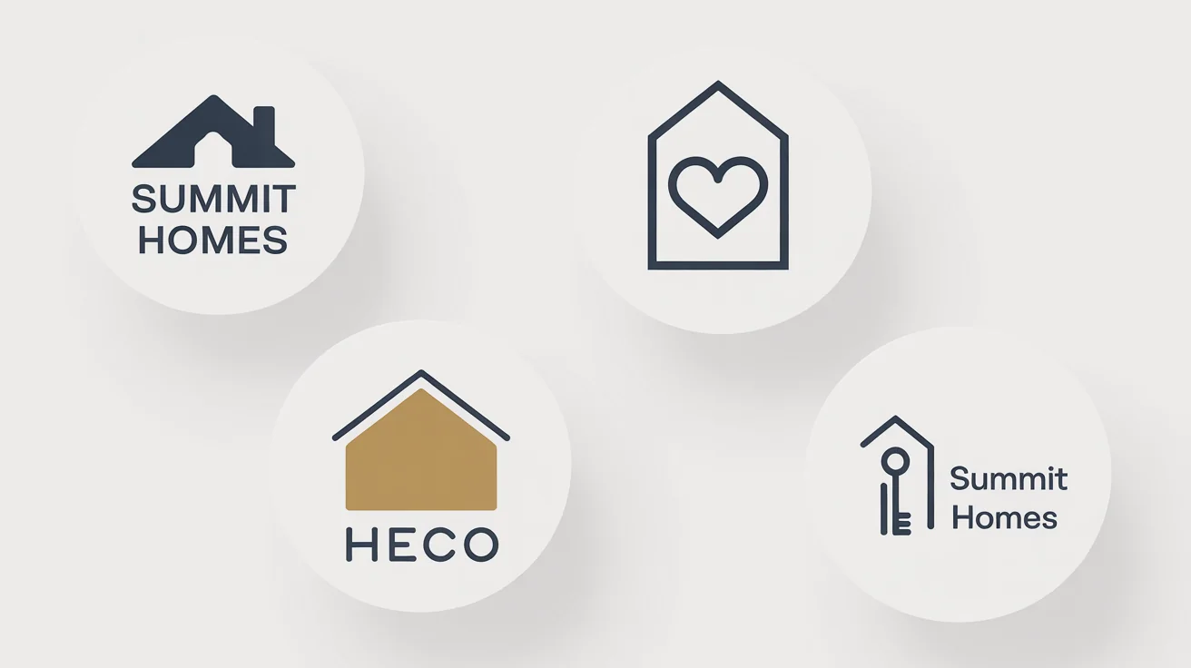 A showcase of three modern house logos for a real estate company, featuring clean lines and a professional color palette on a white background.