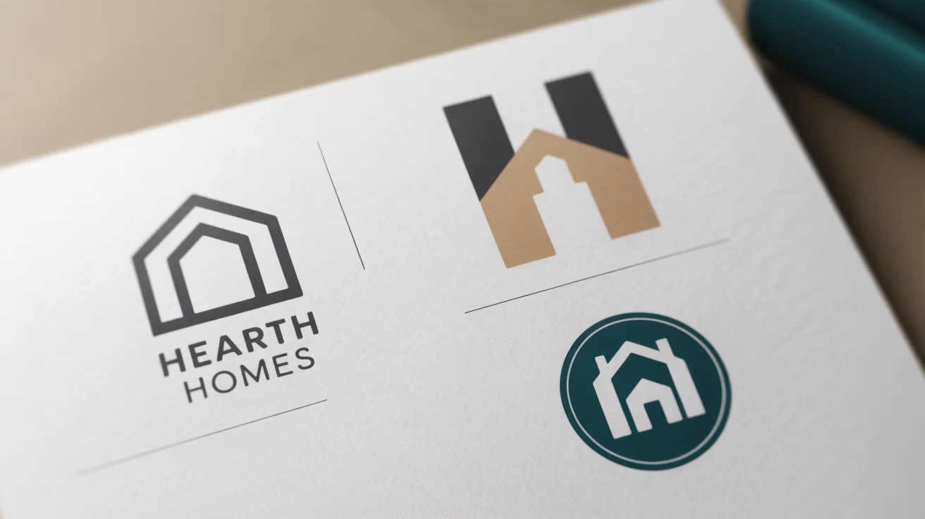 A professional mockup displaying three different modern house logo designs for a brand named 'Hearth Homes' on a clean white background.