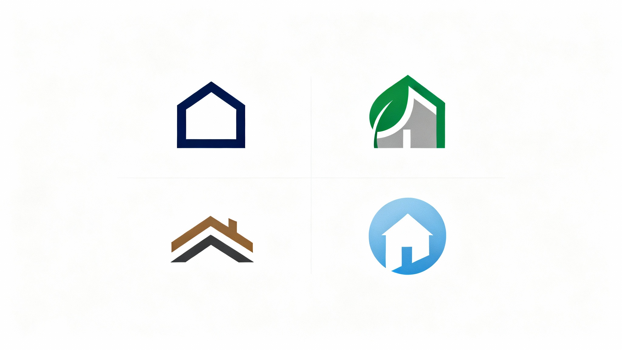 A collection of four modern and professional house logos in various styles and colors, including blue, green, and charcoal, displayed on a clean white background.