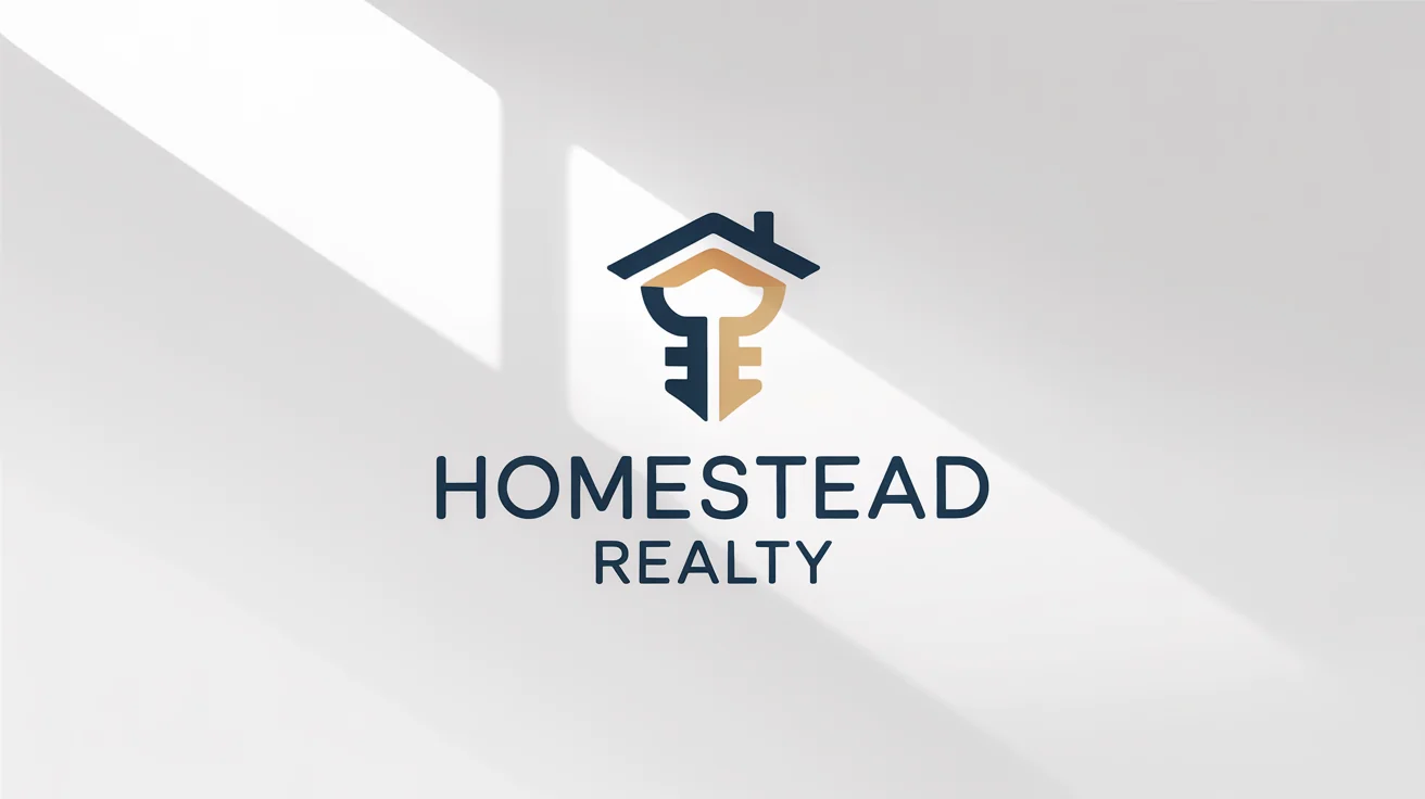 A modern, minimalist logo for 'Homestead Realty', featuring a navy blue and gold icon of a house and key, shown on a clean white background.