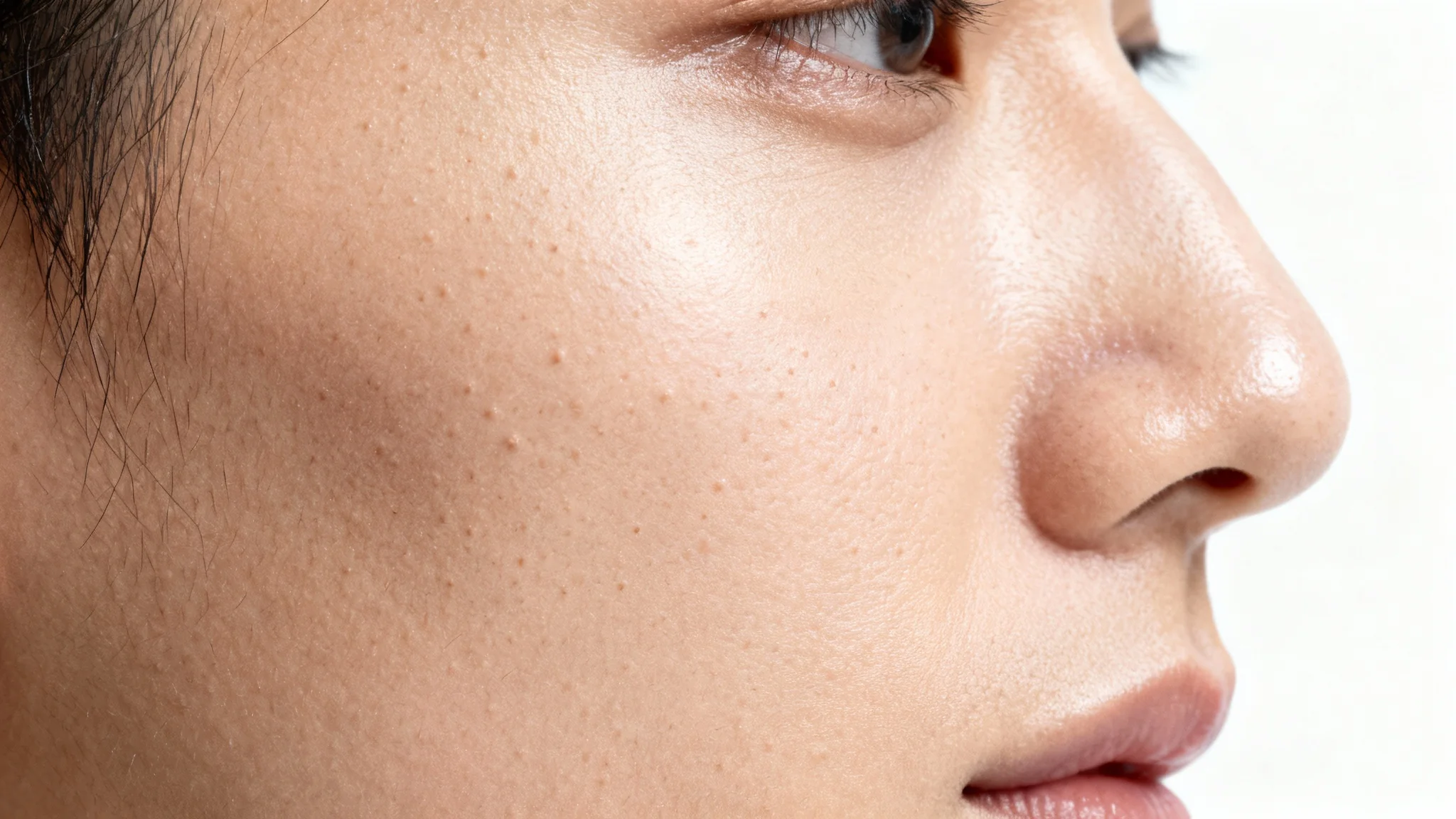 An extreme macro photograph showcasing the hyper-realistic texture of human skin, with visible pores and fine hairs highlighted by soft lighting against a pure white background.