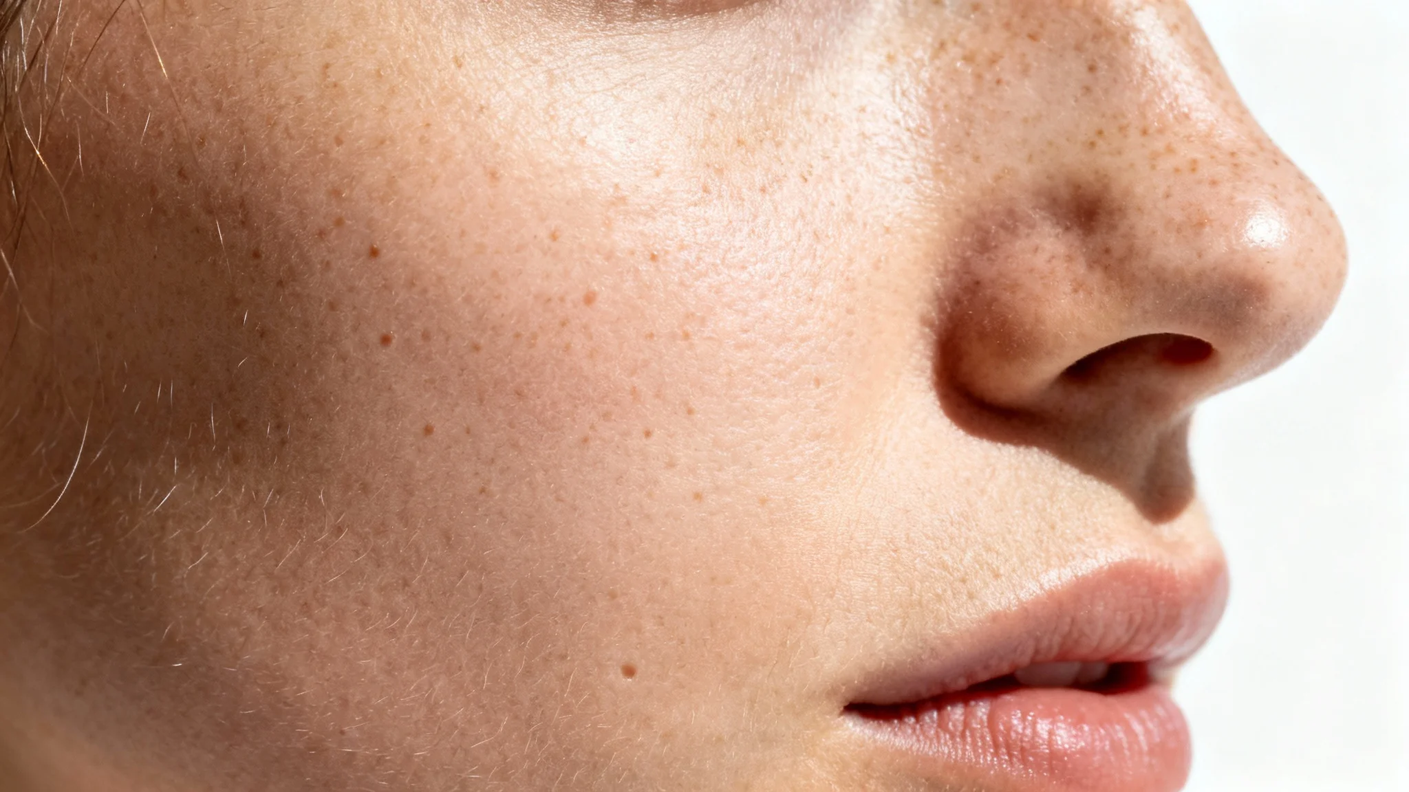 An extreme close-up, hyperrealistic photograph of human skin, showcasing detailed pores, fine hairs, and natural texture against a sterile white background.