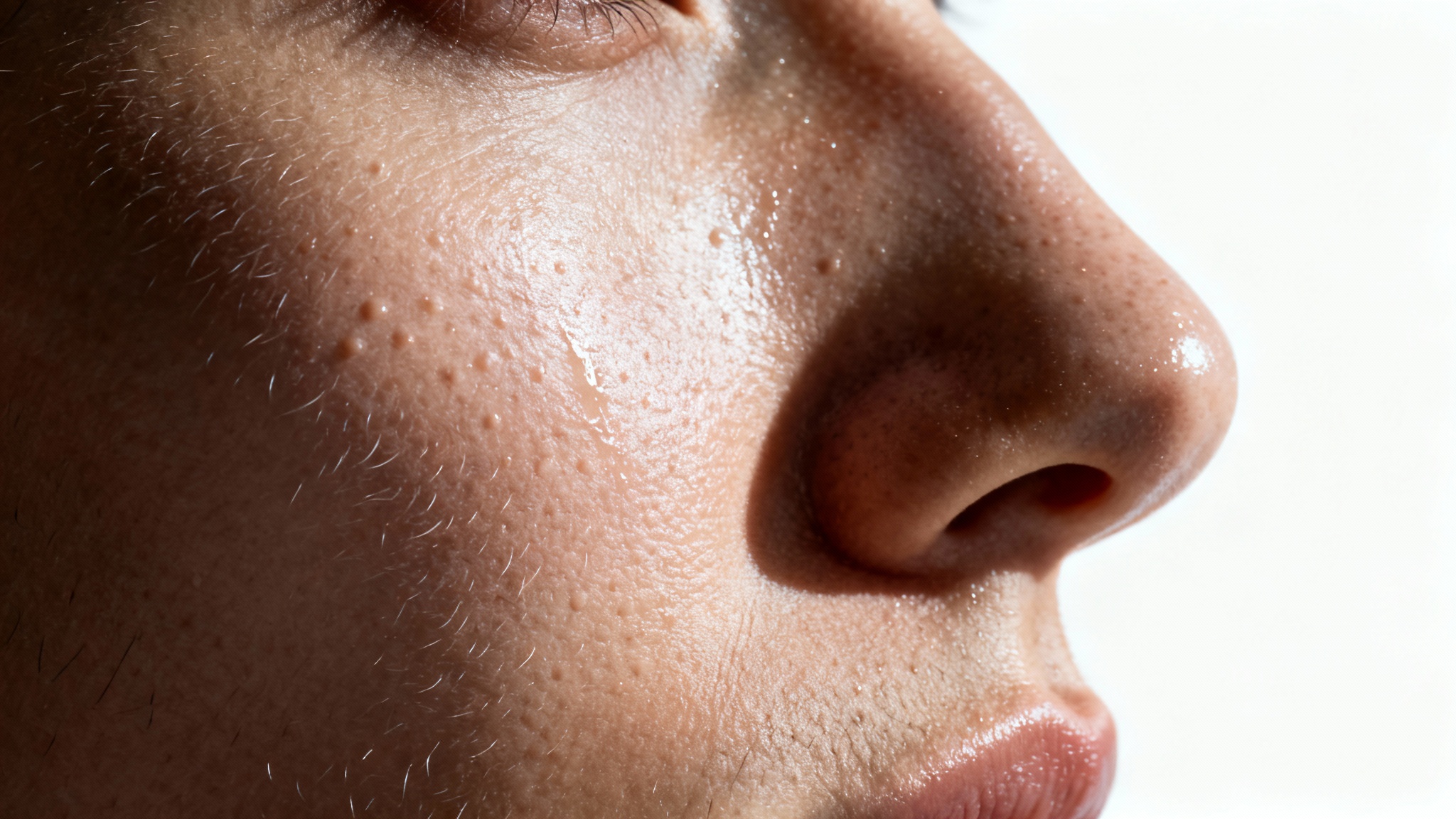 An extreme close-up, hyper-realistic image showcasing the intricate texture of human skin on a cheek, with visible pores and fine hairs, against a plain white background.