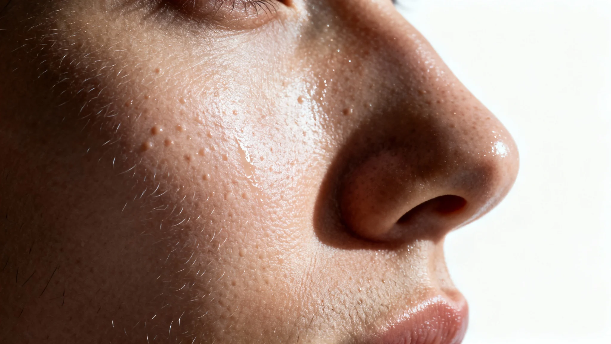 An extreme close-up, hyper-realistic image showcasing the intricate texture of human skin on a cheek, with visible pores and fine hairs, against a plain white background.