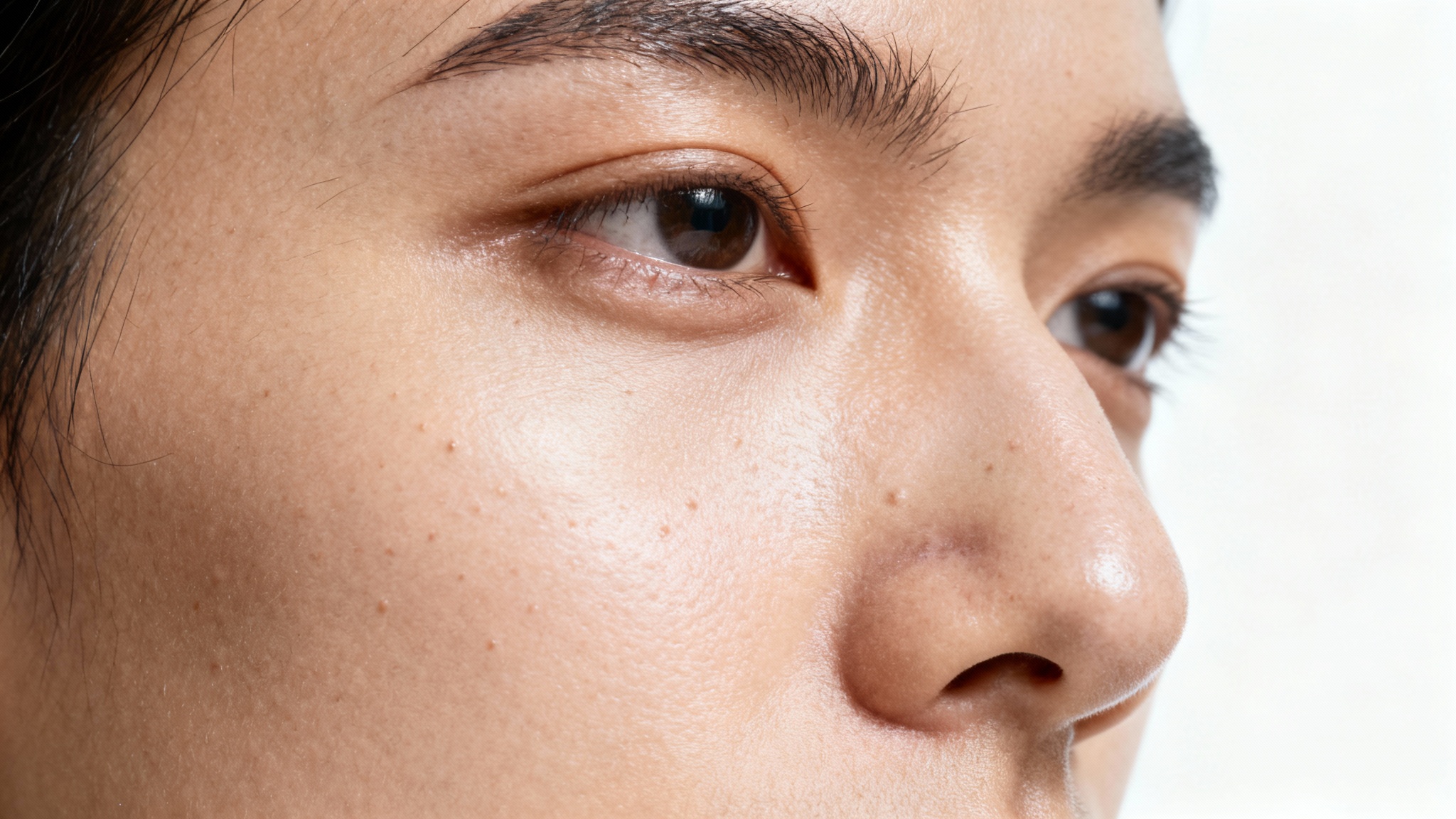 An ultra-realistic macro image showcasing the intricate texture of human skin, including pores and fine hairs, set against a stark white background.