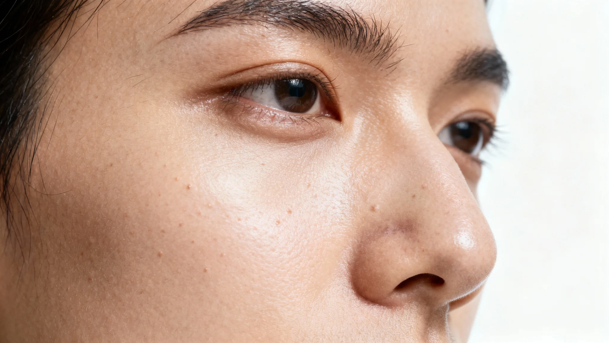 An ultra-realistic macro image showcasing the intricate texture of human skin, including pores and fine hairs, set against a stark white background.