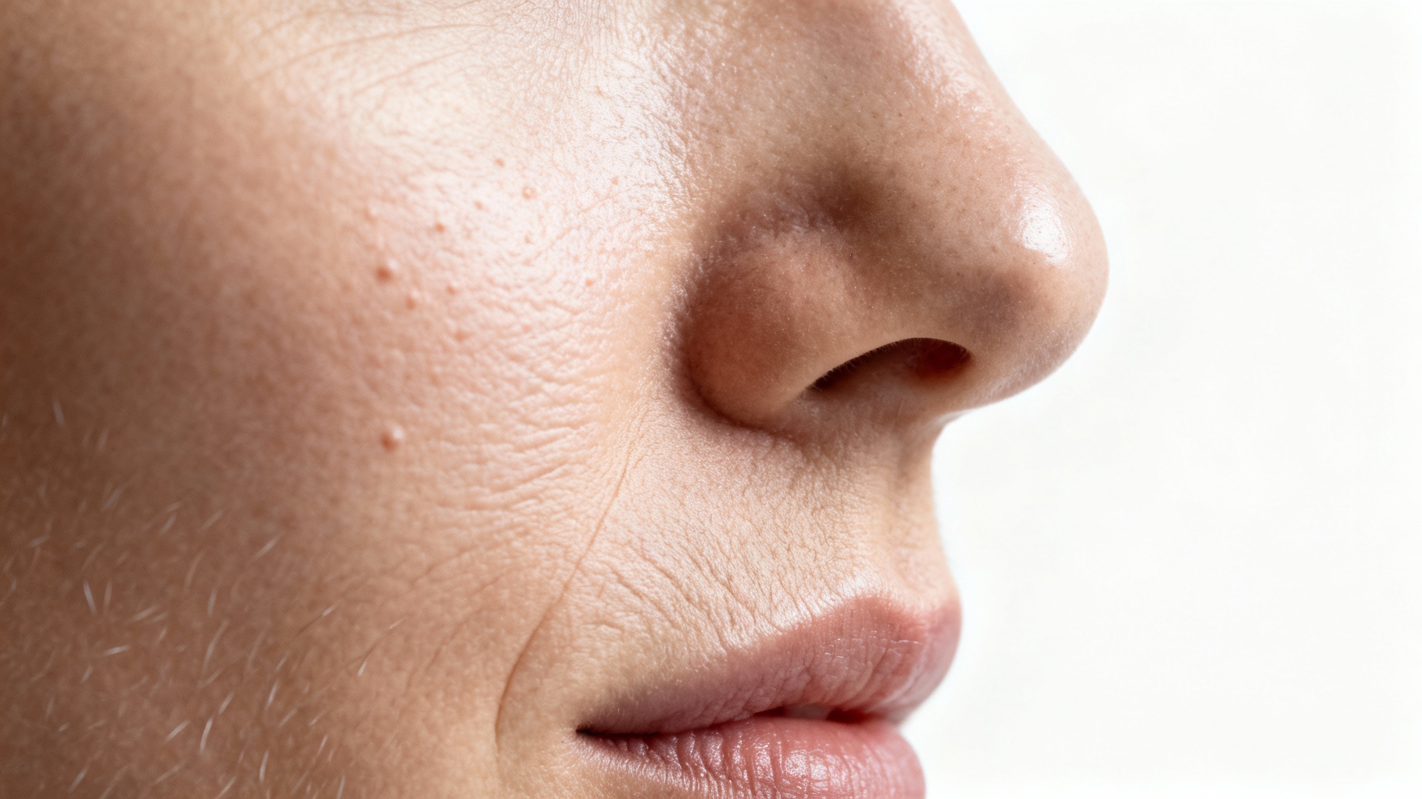 A hyper-realistic macro photograph showing the detailed texture of human skin, including pores and fine hairs, set against a plain white background.