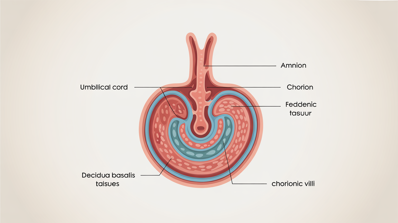 A detailed, professionally designed anatomical diagram of the human placenta on a white background. The illustration shows a cross-section with clearly labeled parts including the umbilical cord, amnion, and chorion, using a modern, clean visual style.