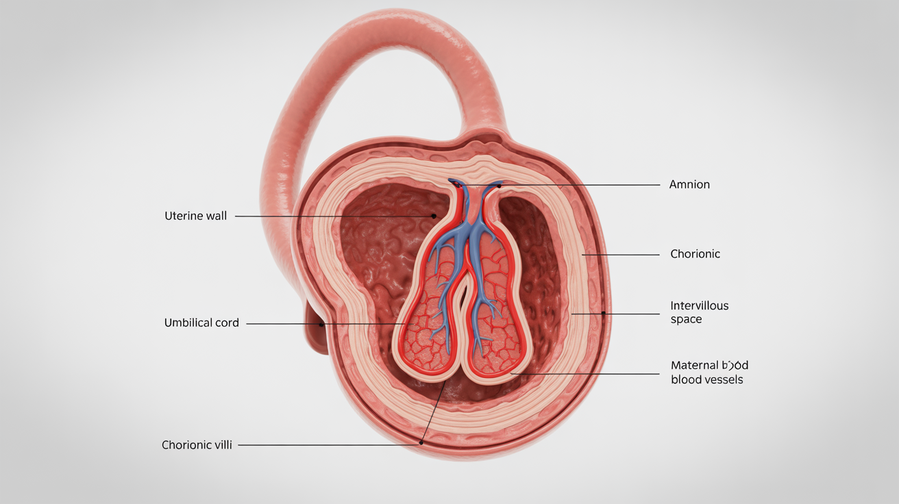 A detailed and labeled anatomical diagram of a human placenta, showing its connection to the uterine wall and key structures like the umbilical cord and chorionic villi.