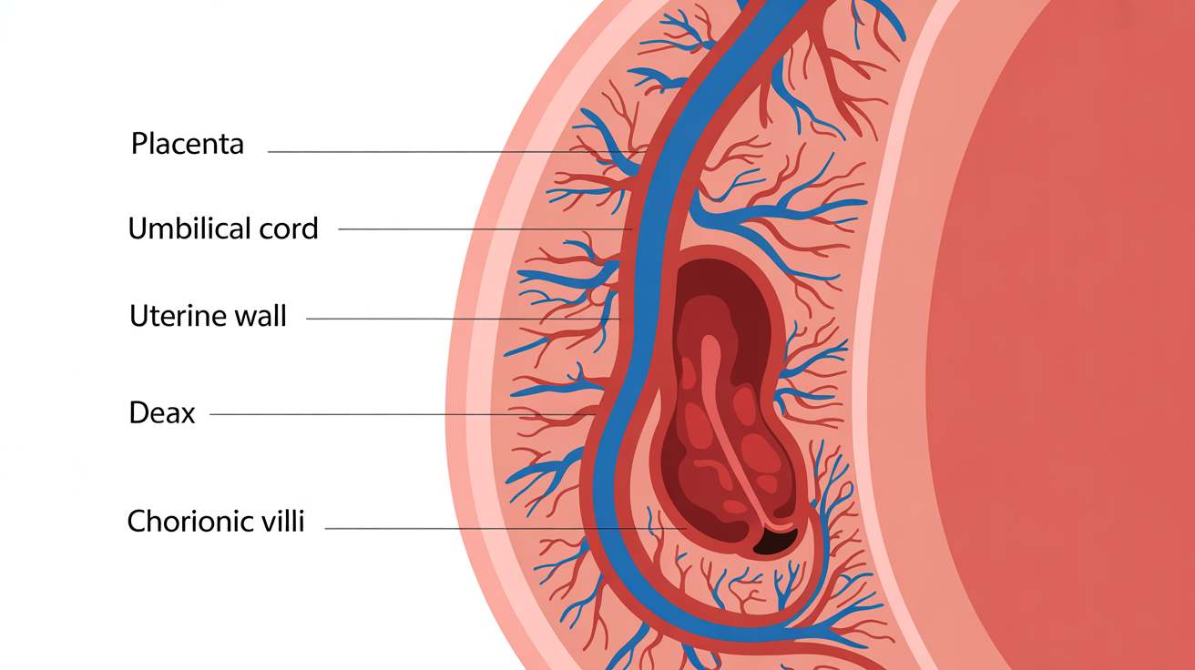 A clear, color-coded medical diagram illustrating the anatomy of a human placenta in cross-section, with labels for key structures like the umbilical cord and uterine wall, set against a white background.