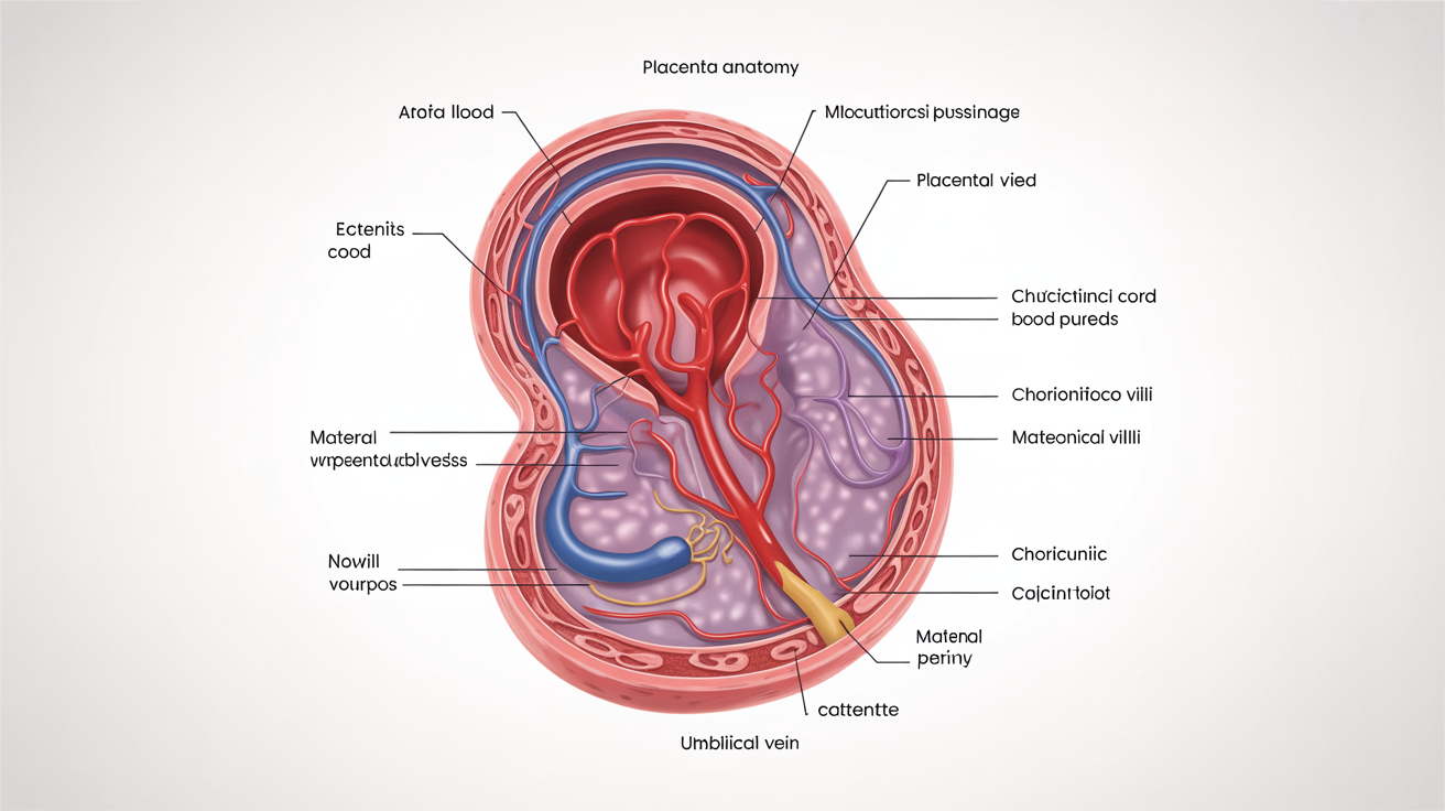 A detailed medical diagram of the human placenta's anatomy. The illustration is a cross-section on a white background, with important parts like the umbilical cord, chorionic villi, and blood vessels clearly labeled.