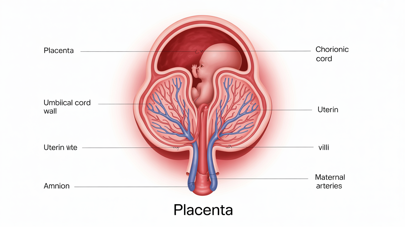 A detailed medical diagram illustrating the anatomy of the human placenta, with clear labels for key structures like the umbilical cord, uterine wall, and chorionic villi, all on a clean white background.