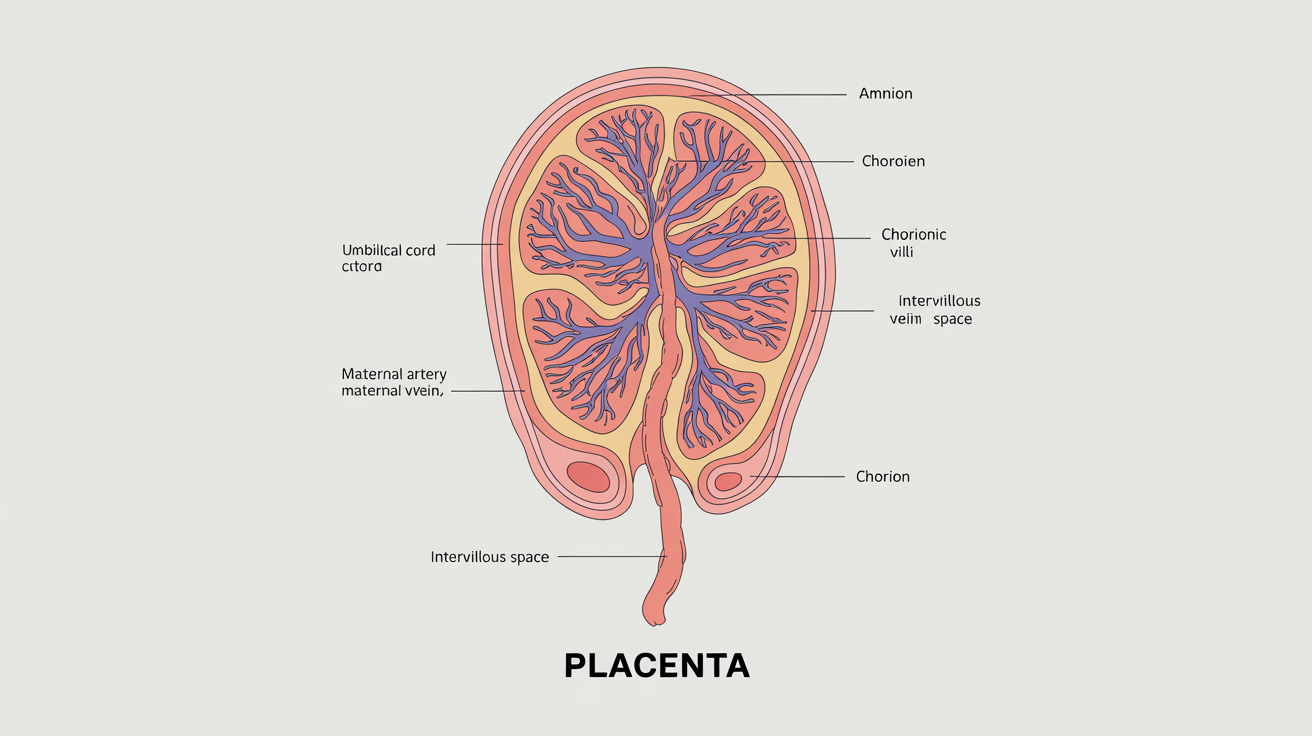 A detailed and labeled medical diagram illustrating the anatomy of the human placenta, showing the umbilical cord, villi, and maternal and fetal blood vessels on a white background.