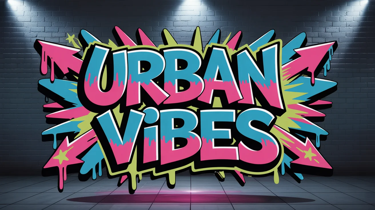 A professionally designed graffiti banner with the words 'URBAN VIBES' in colorful 3D letters, displayed against a dark brick wall to showcase the final result of a design tool.