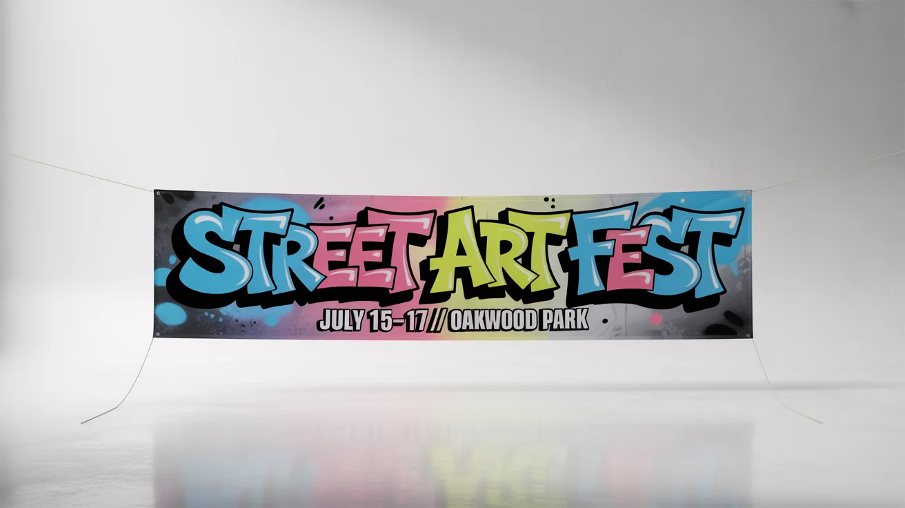 A vibrant graffiti banner mockup for a 'STREET ART FEST' event, displayed on a clean white background. The text is stylized in colorful graffiti lettering.