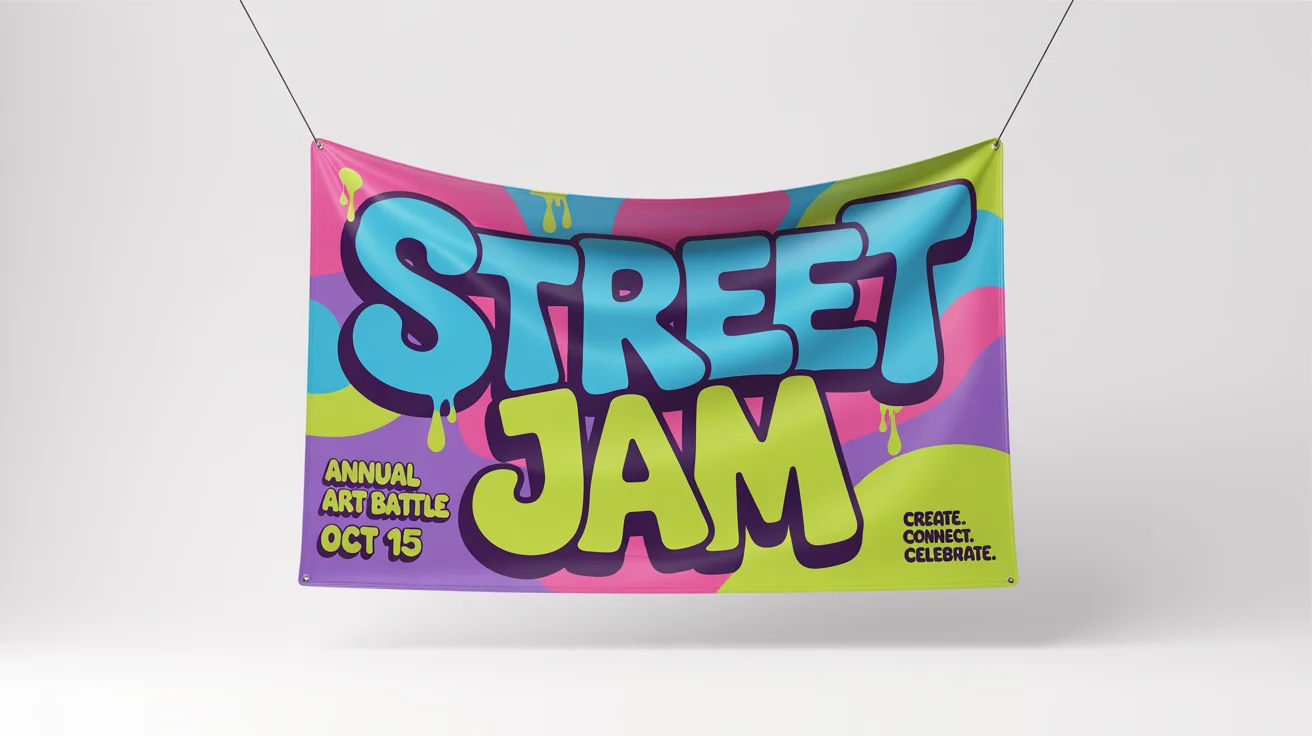 A mockup of a vibrant graffiti banner for a 'STREET JAM' art battle, featuring colorful lettering and street art motifs on a white background.
