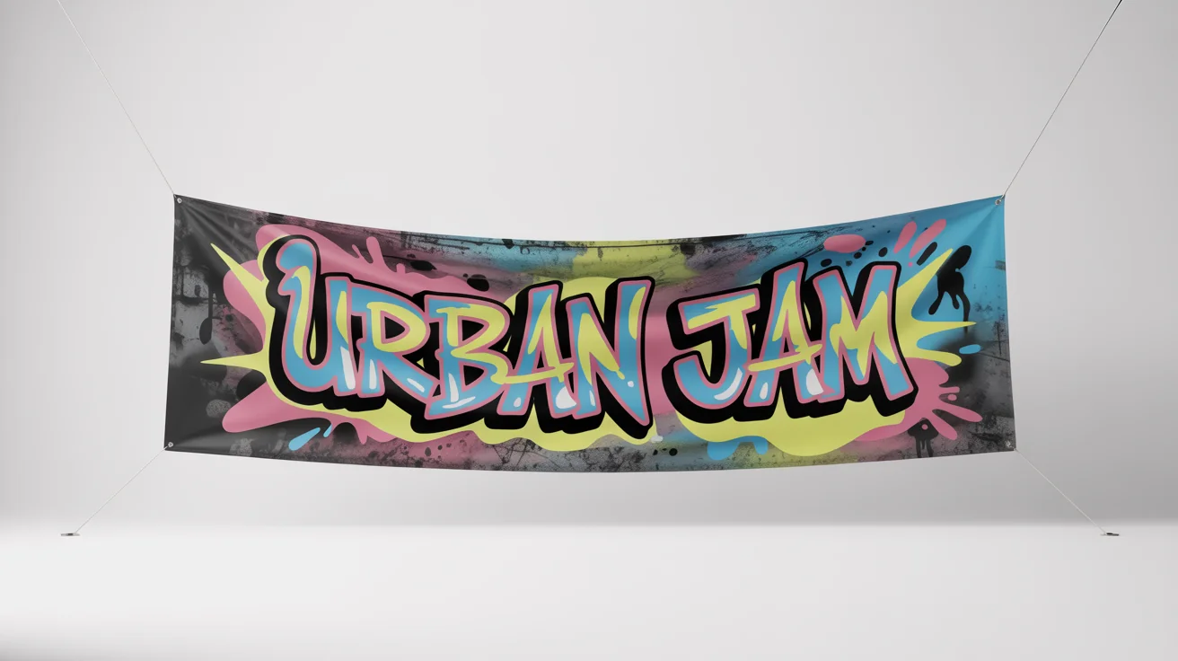 A mockup of a wide graffiti banner with the words 'URBAN JAM' in colorful, bold street art style, set against a plain white background.