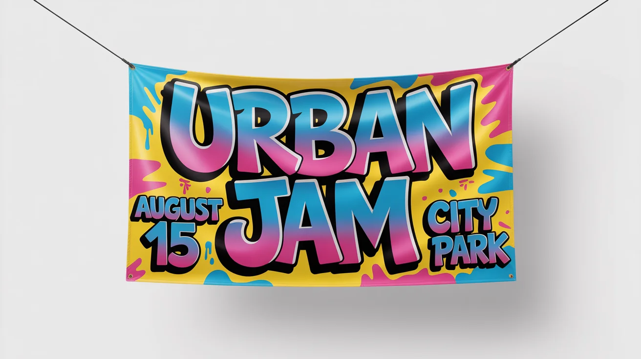 A mockup of a long horizontal banner with graffiti art, featuring the words 'URBAN JAM' in vibrant colors against a clean white background.
