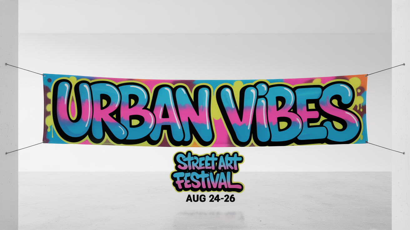A mockup of a horizontally displayed banner designed in a vibrant graffiti style, featuring the words 'URBAN VIBES STREET ART FESTIVAL' against a plain white background.