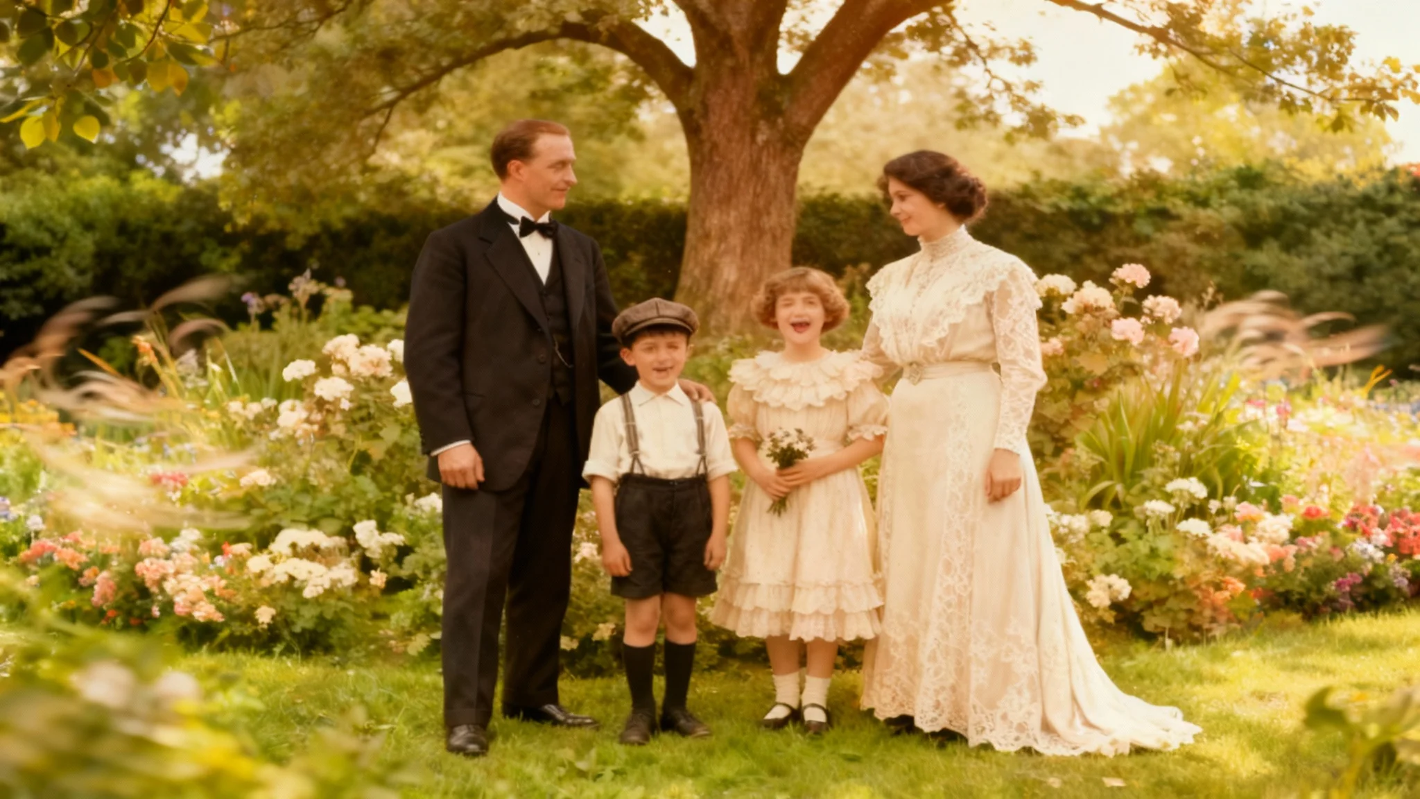 A colorized and animated vintage photograph showing a family from the early 1900s in a garden. The parents smile at each other as their two children laugh joyfully. The flowers and trees in the background are slightly blurred to suggest gentle motion.