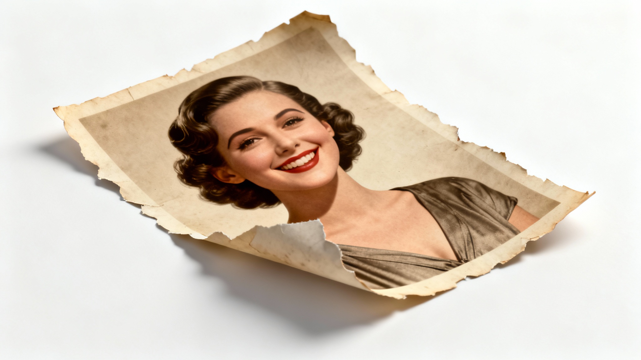 A vintage sepia photo of a woman, with her figure peeling away from the paper in full, vibrant color and 3D, as if coming to life, set against a clean white background to represent photo animation.