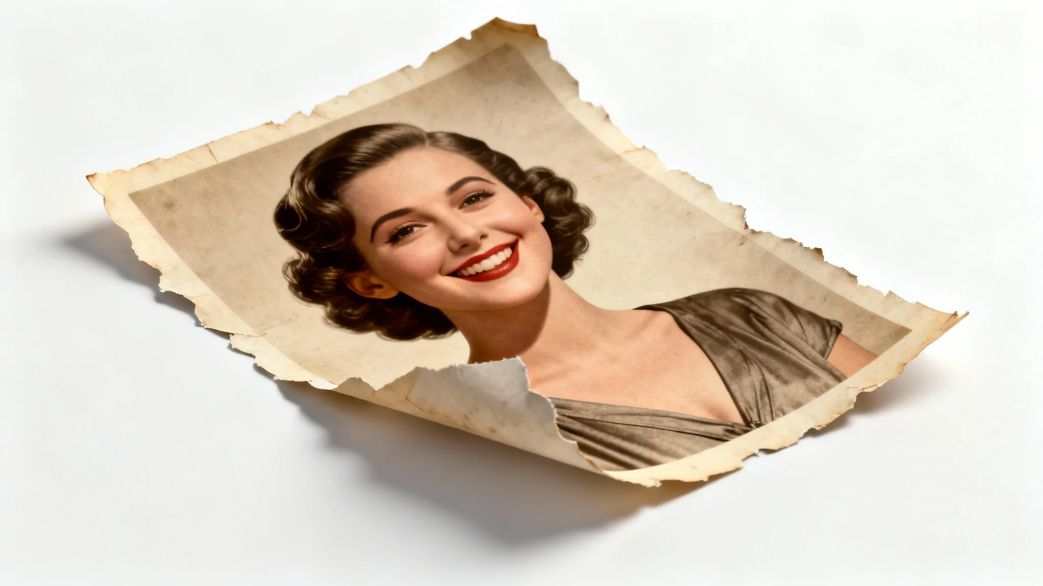 A vintage sepia photo of a woman, with her figure peeling away from the paper in full, vibrant color and 3D, as if coming to life, set against a clean white background to represent photo animation.
