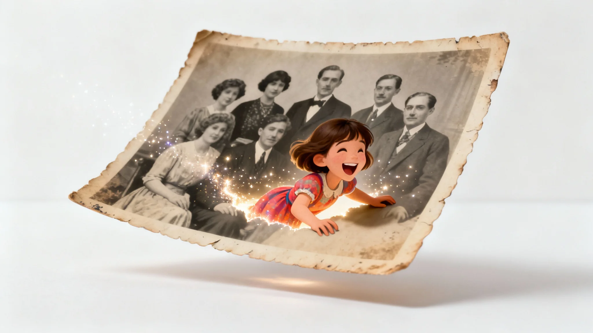 A vintage sepia family photograph on a white background, where the young daughter is coming to life, leaning out of the photo in full, vibrant color while the rest of the image remains static and old-fashioned, visually representing the animation of old photos.