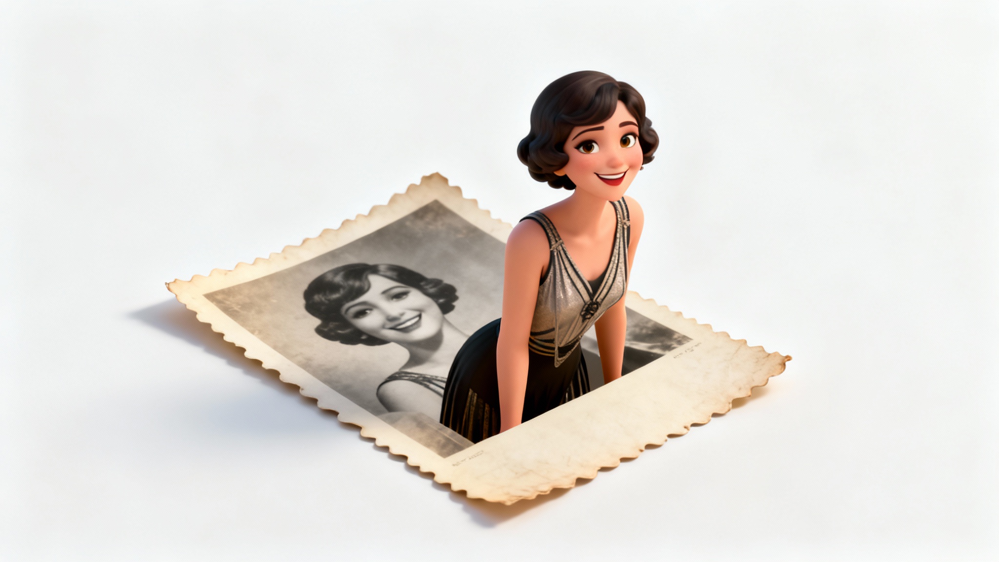 A conceptual image illustrating photo animation, showing a woman in full color stepping out of an old, sepia-toned photograph of herself.