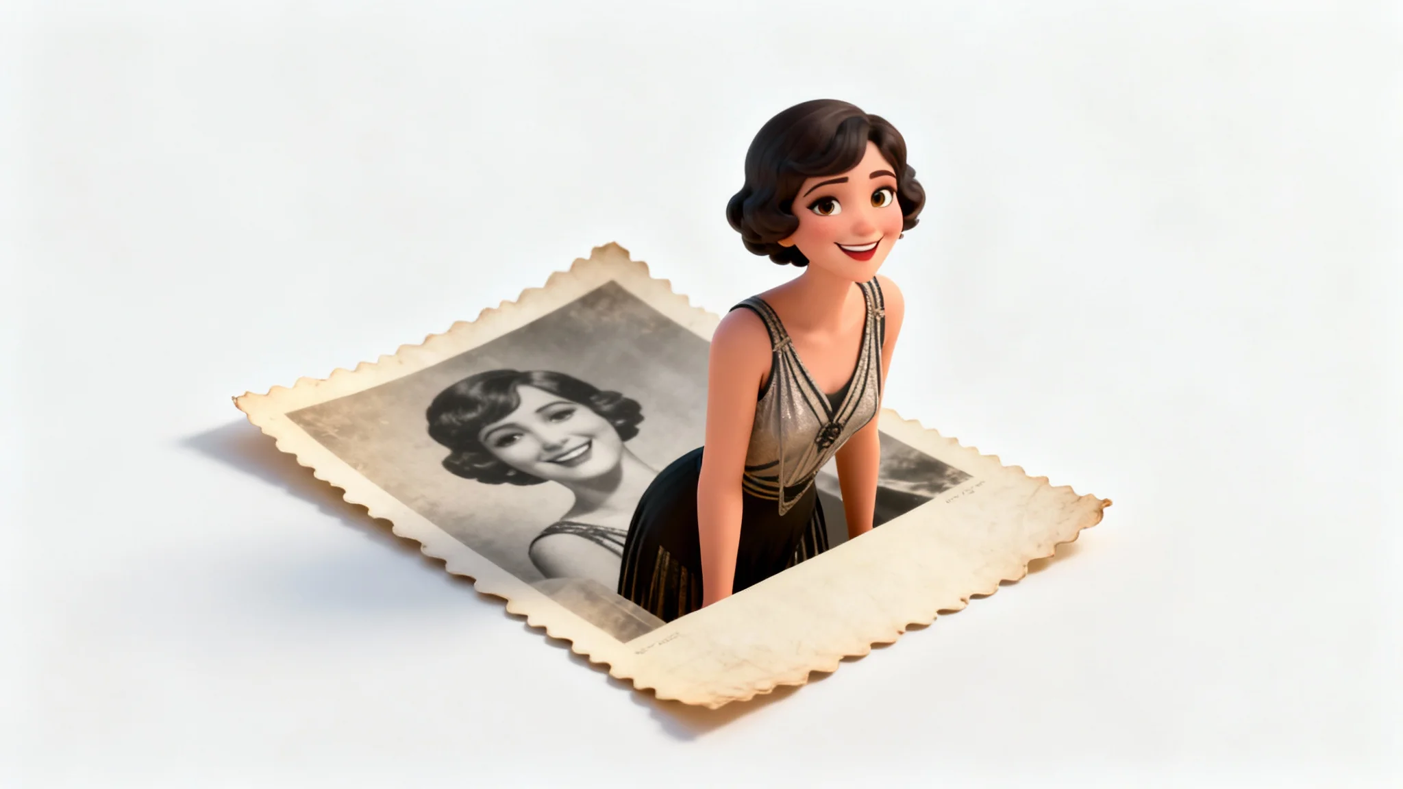 A conceptual image illustrating photo animation, showing a woman in full color stepping out of an old, sepia-toned photograph of herself.