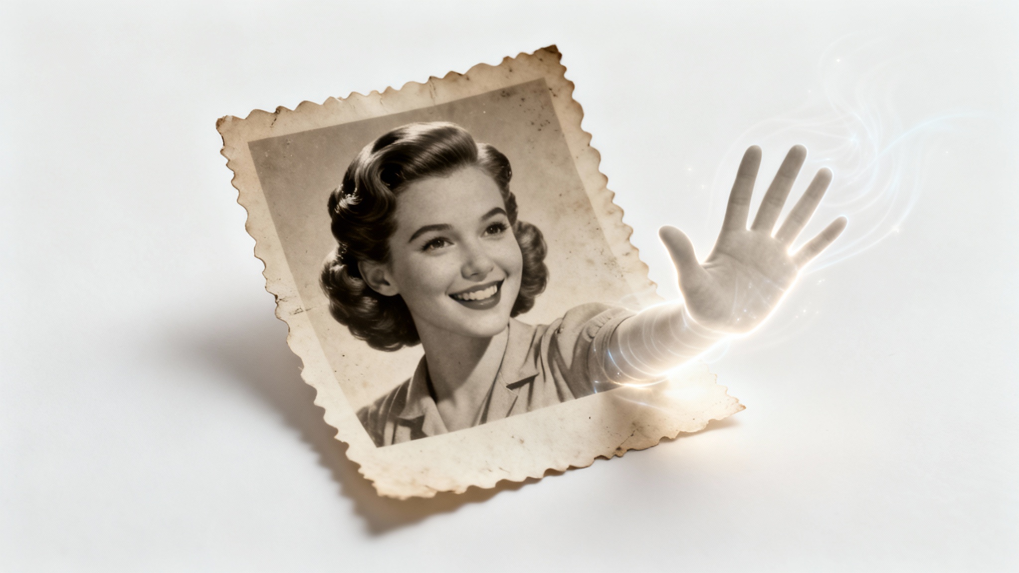 A vintage sepia photograph of a woman from the 1940s. The woman's hand appears animated, with motion blur, extending beyond the physical border of the photo to simulate it coming to life.
