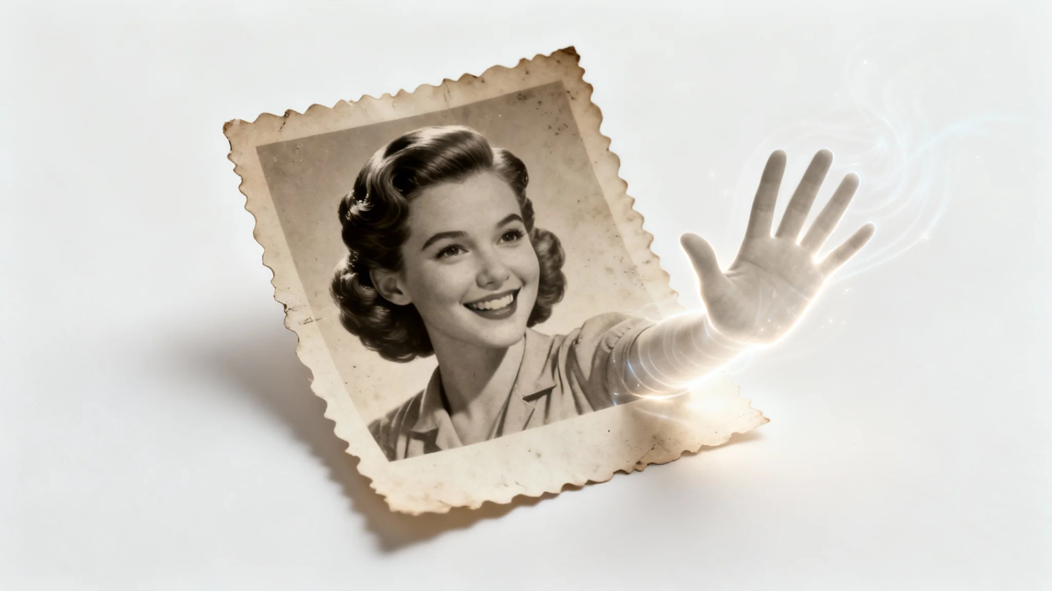 A vintage sepia photograph of a woman from the 1940s. The woman's hand appears animated, with motion blur, extending beyond the physical border of the photo to simulate it coming to life.