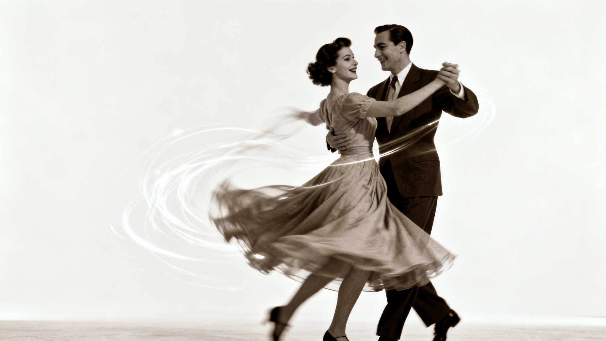 An old, sepia-toned photograph of a 1940s couple dancing has been brought to life, with motion blur showing the woman's dress twirling, set against a clean white background.