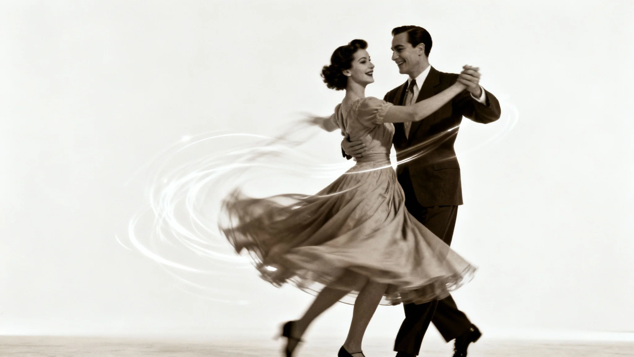 An old, sepia-toned photograph of a 1940s couple dancing has been brought to life, with motion blur showing the woman's dress twirling, set against a clean white background.