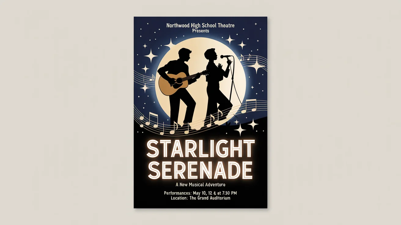 A poster mockup for a school musical called 'Starlight Serenade', featuring silhouettes on a moon against a starry night sky. The poster is displayed on a clean white background.