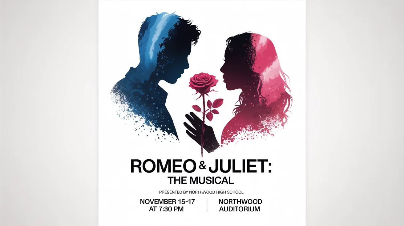 A professionally designed poster for a school production of 'Romeo & Juliet: The Musical', shown as a mockup on a white background. The poster features silhouettes of a boy and girl reaching for each other against a dramatic blue and pink background.