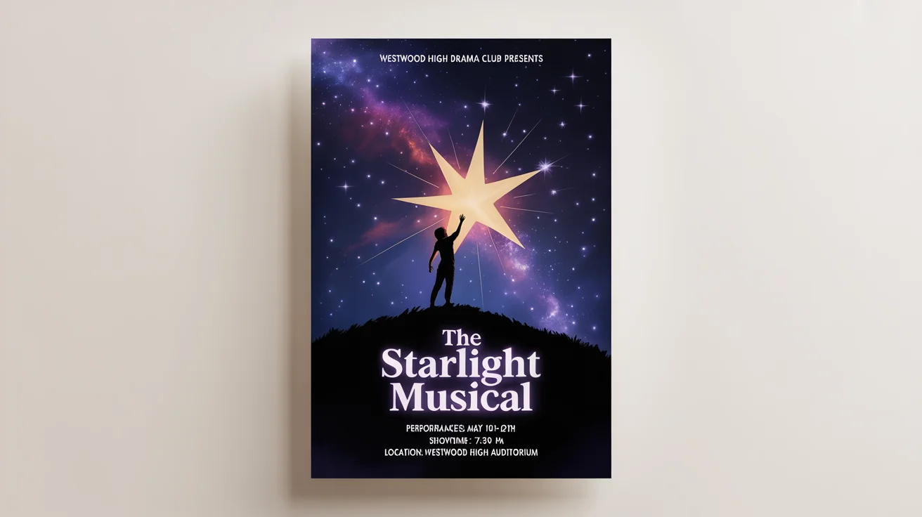 A professionally designed poster mockup for a school musical called 'The Starlight Musical', showing a silhouette reaching for a star against a night sky background. The poster includes fictional event details and is set against a clean white backdrop.