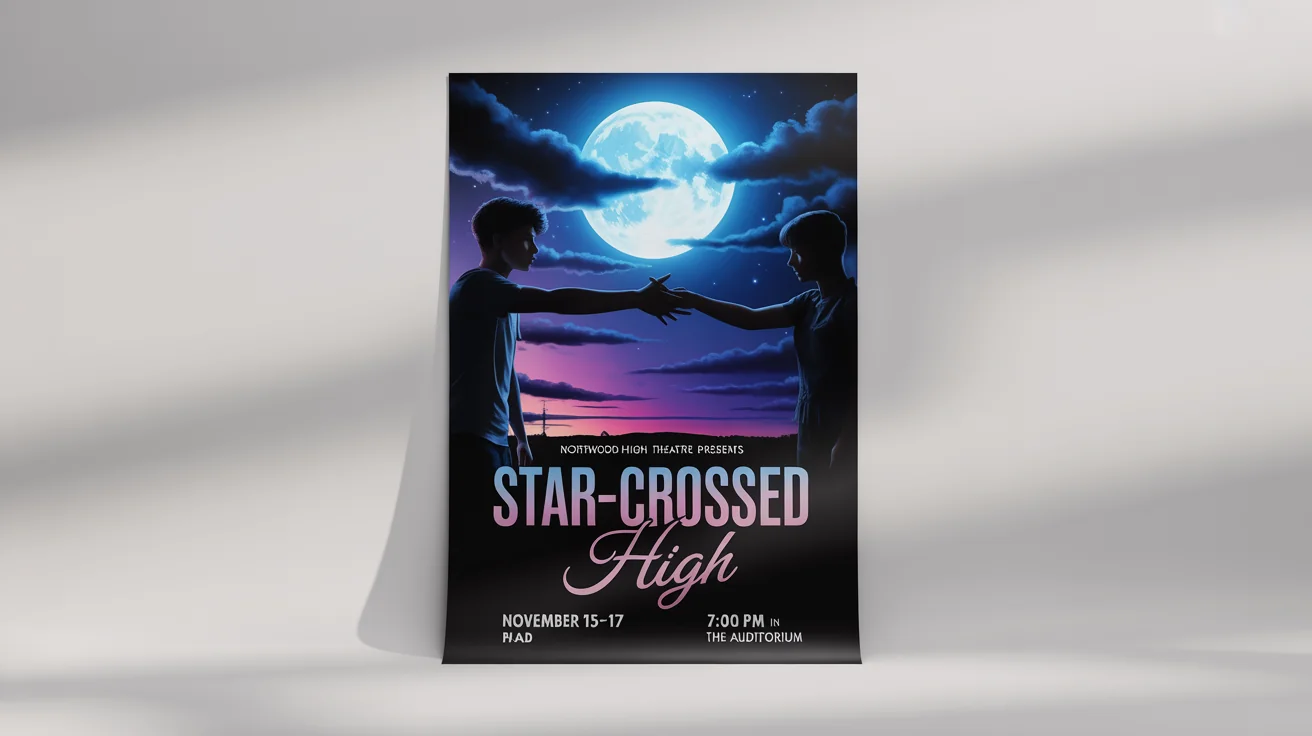 A professional poster mockup for a high school musical titled 'Star-Crossed High,' featuring silhouettes of two teens against a night sky, displayed on a clean white background.