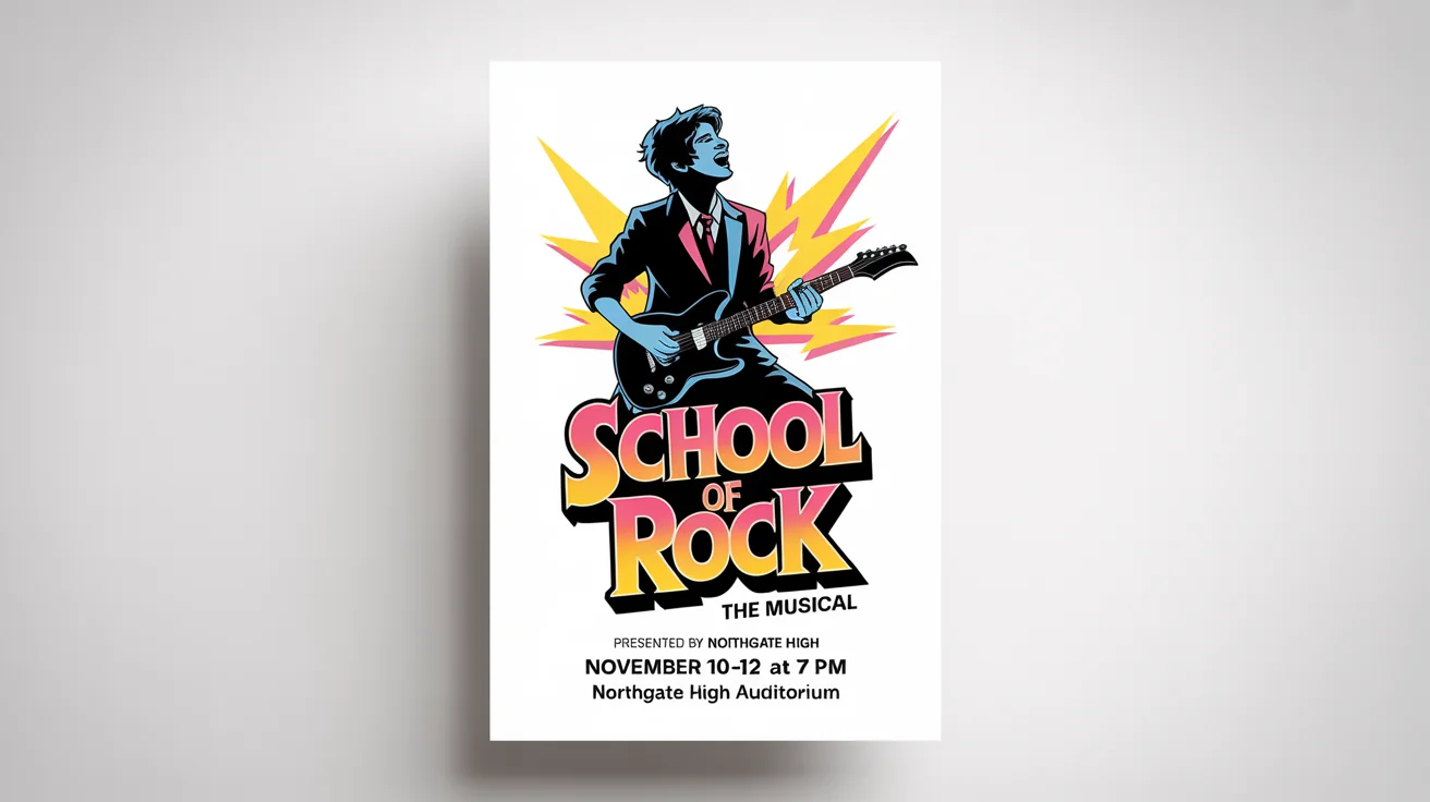 A mockup of a vibrant and energetic poster for a school musical production of 'School of Rock,' set against a plain white background.