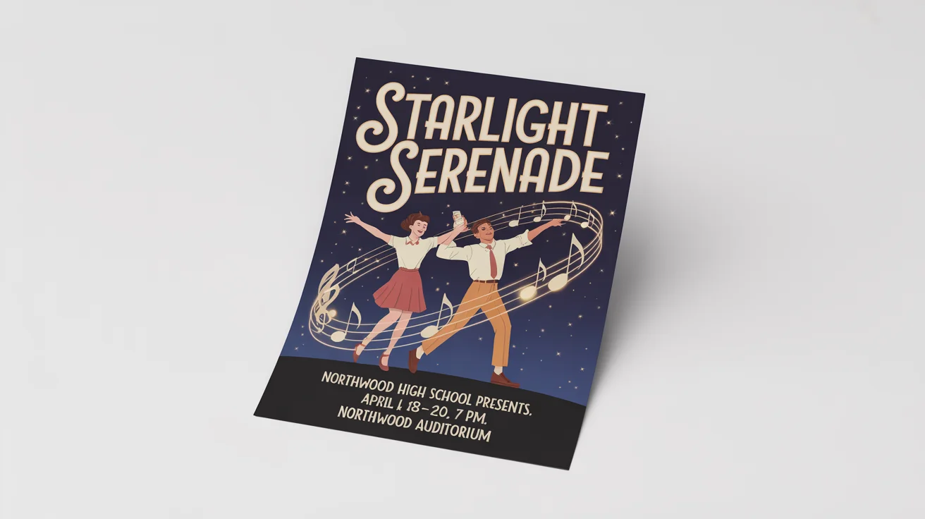 A mockup of a professional poster for a school musical called 'Starlight Serenade', set against a white background. The poster features dancing silhouettes against a starry night sky.