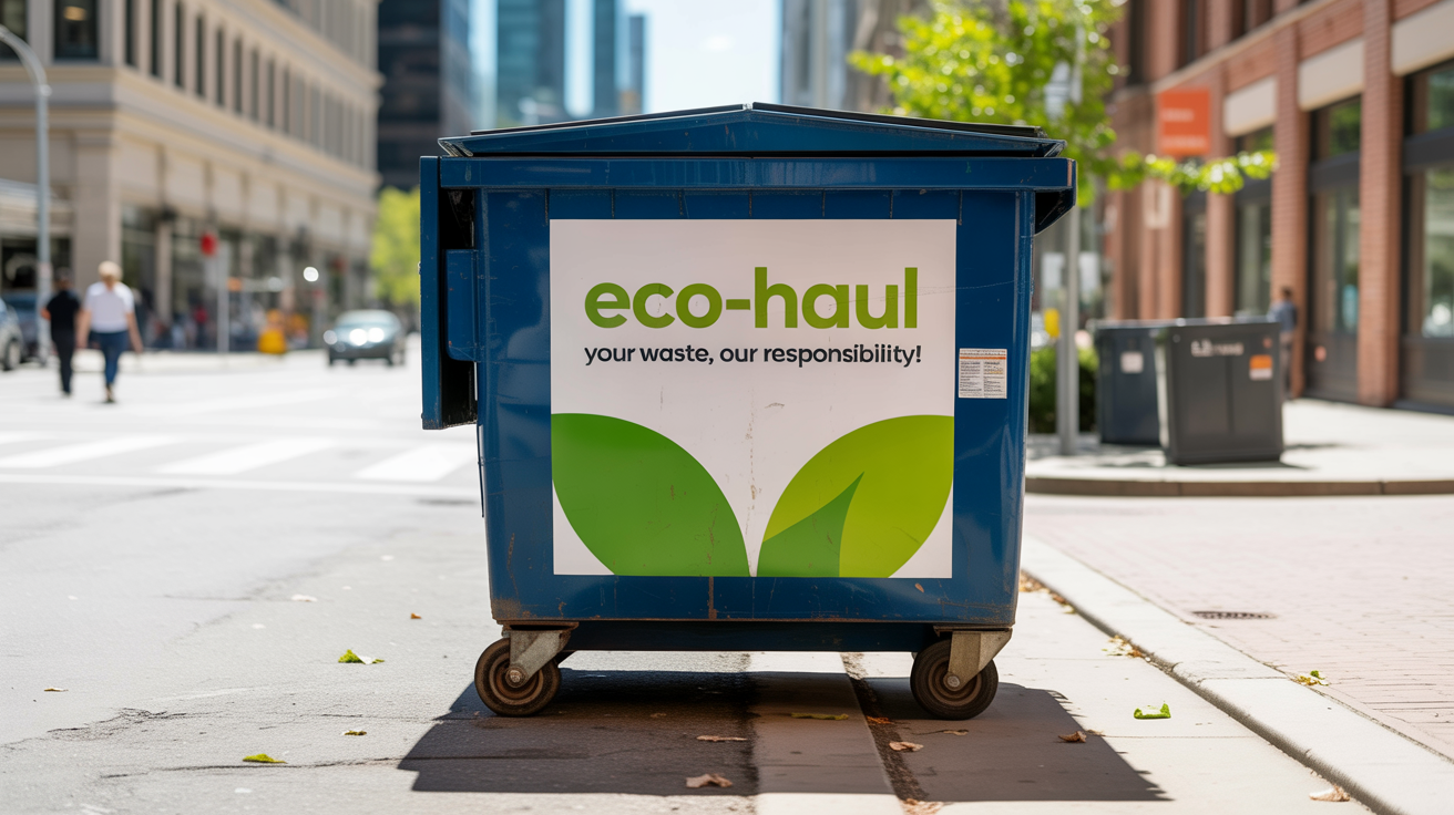 A photograph of a new, dark blue dumpster with a professional, custom-designed 'ECO-HAUL' decal, parked on a sunny city street, showcasing a commercial branding and decal service.