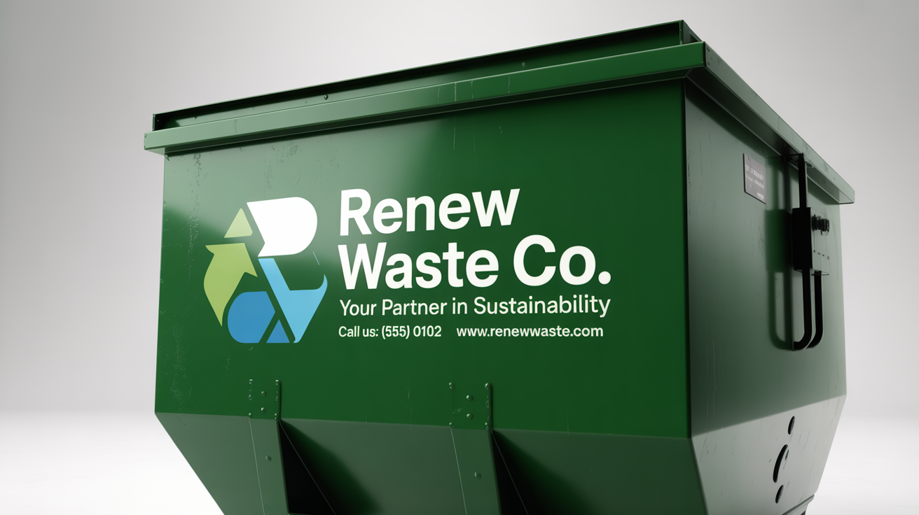 A professional mockup of a large green industrial dumpster with a white and blue decal for a fictional company called 'RENEW Waste Co.' displayed on its side, set against a clean white background.