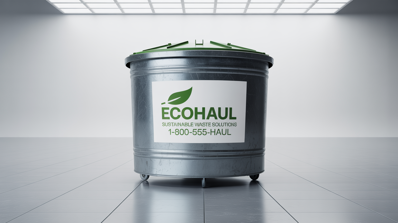 A clean, dark gray industrial dumpster featuring a professional green and white decal for a company called 'EcoHaul Sustainable Waste Solutions', set against a plain white background.
